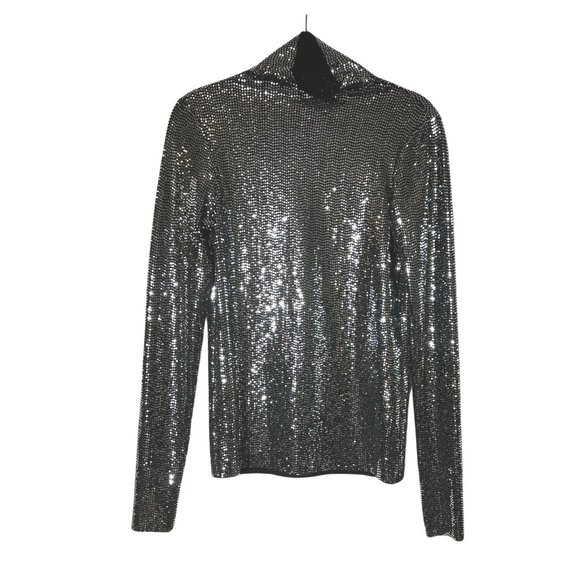 NWT Women's Maje Silver Sequined Metallic Funnel Turtle Neck Shirt - Picture 5 of 9